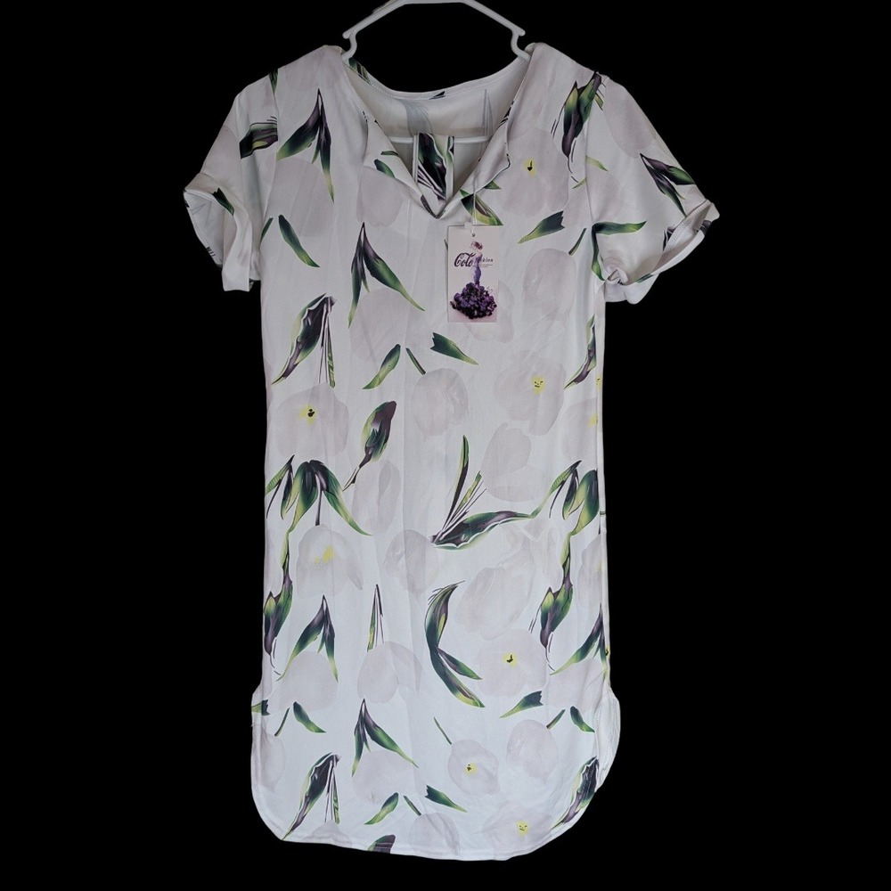 CoCo Fashion Floral Mini Dress Women Medium White Green Tulip Short Sleeve Belt